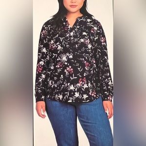 HILARY RADLEY LONG SLEEVE BLOUSE NAVY BLUE FLOWER MEDIUM HIGH LOW HEM NEW TAGS